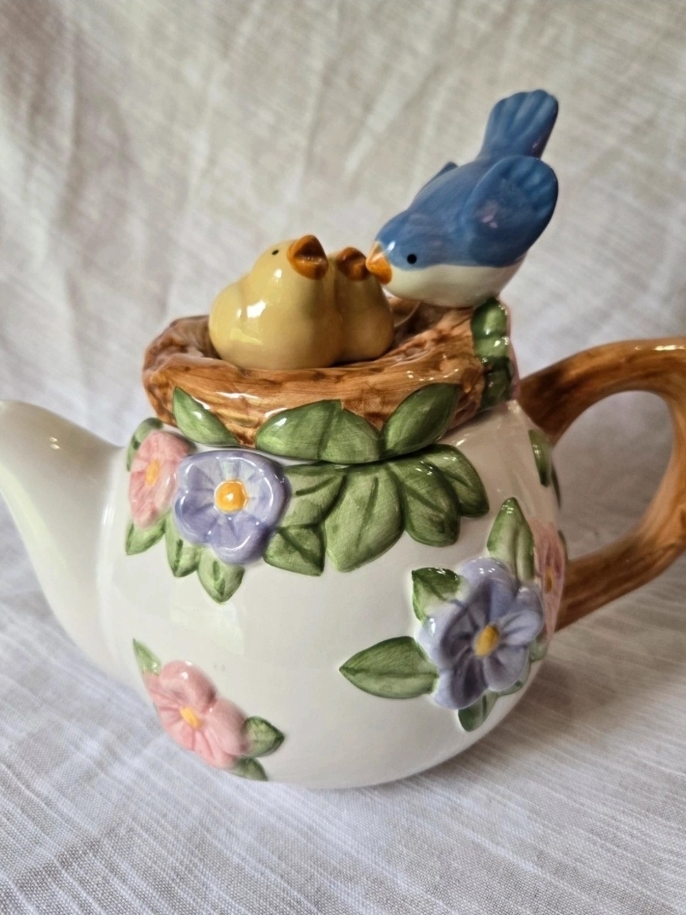 Ceramic Blue Bird and Nest Teapot with Floral Relief